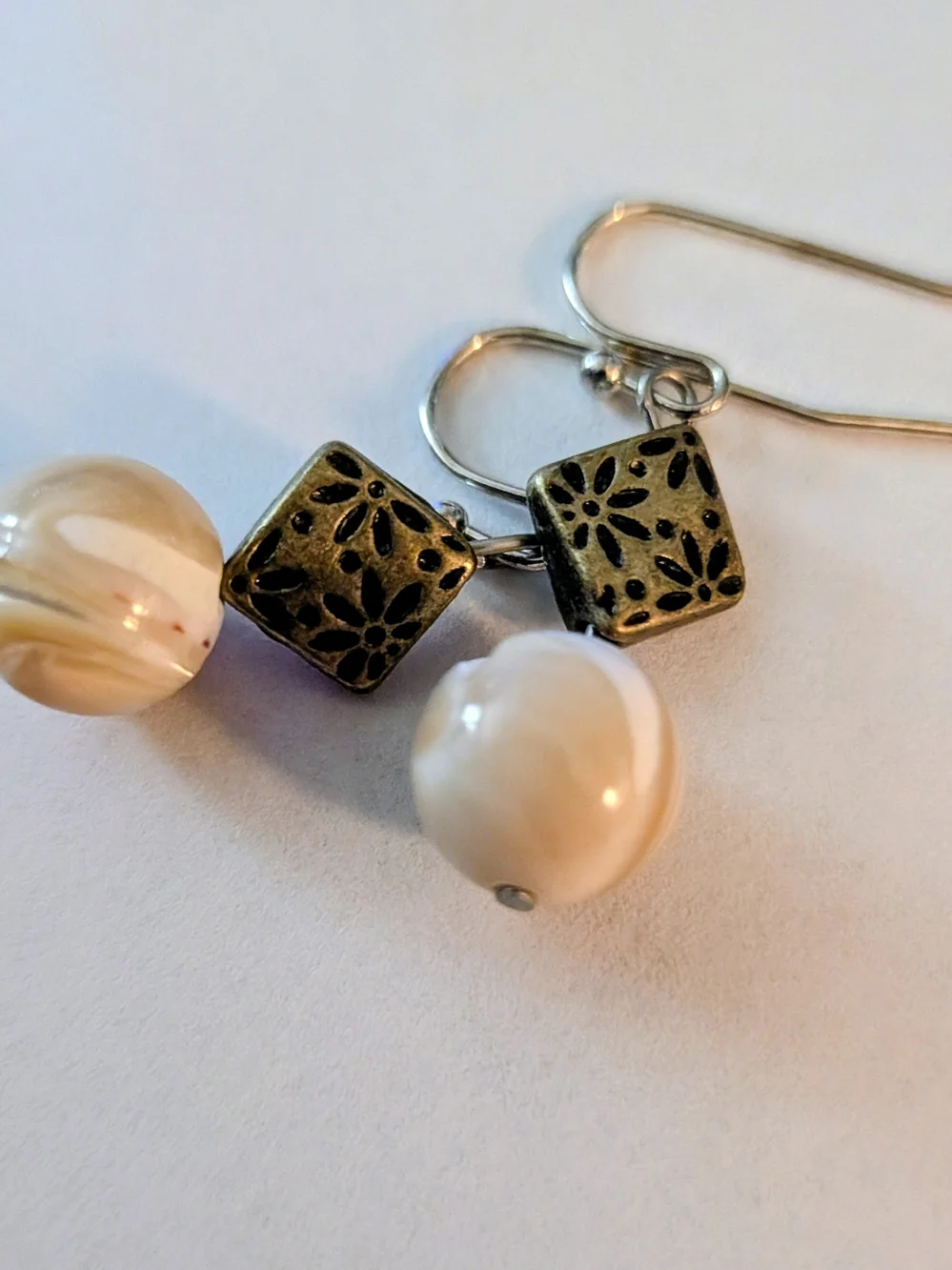 Cream Pearl Drop Earrings with Antique Gold Floral Cubes